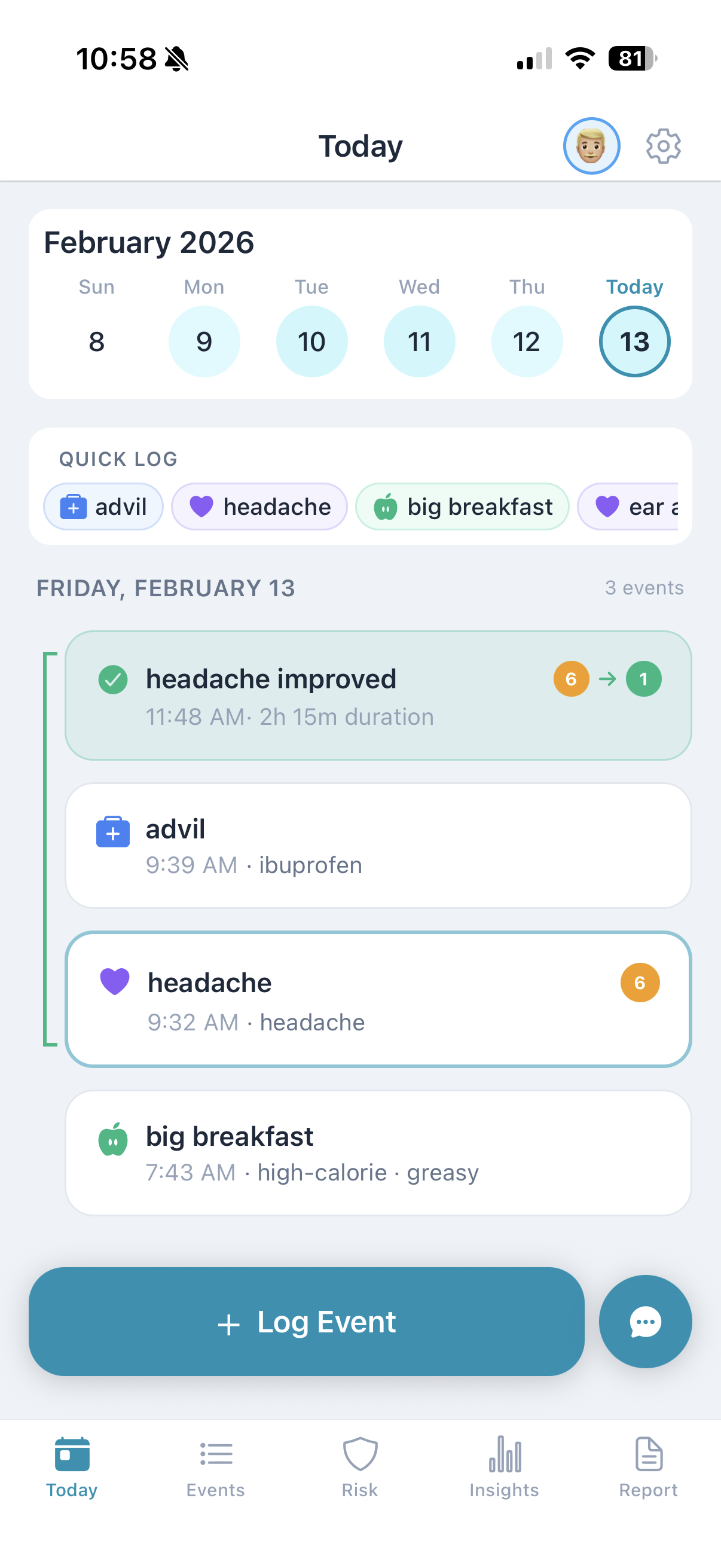 Event logging screen